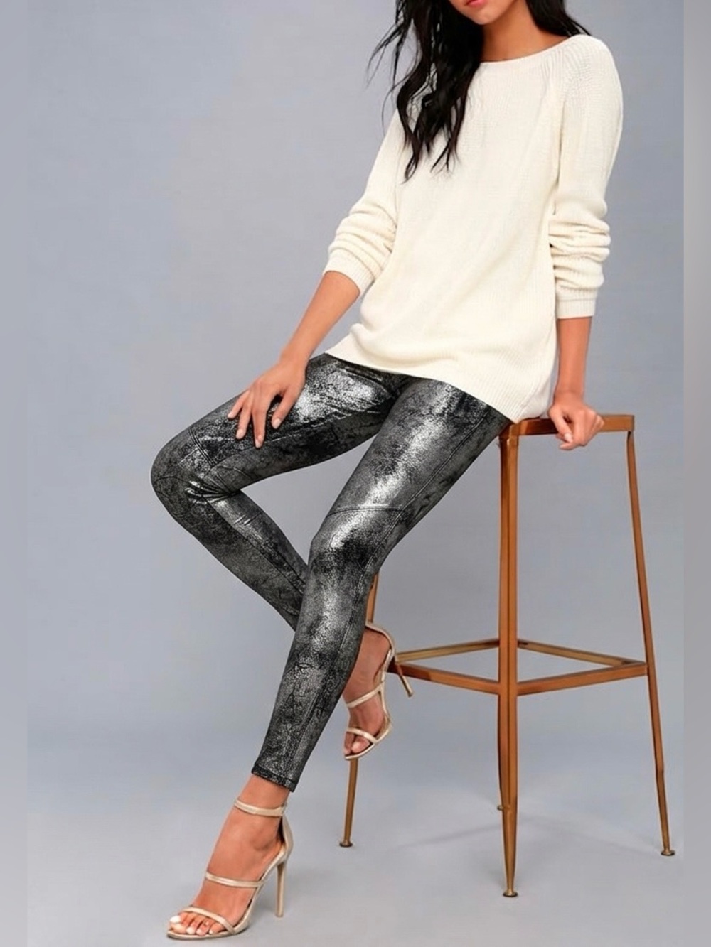 Free People Size 28 Metallic Silver Vegan Suede Leggings Pant Shimmery